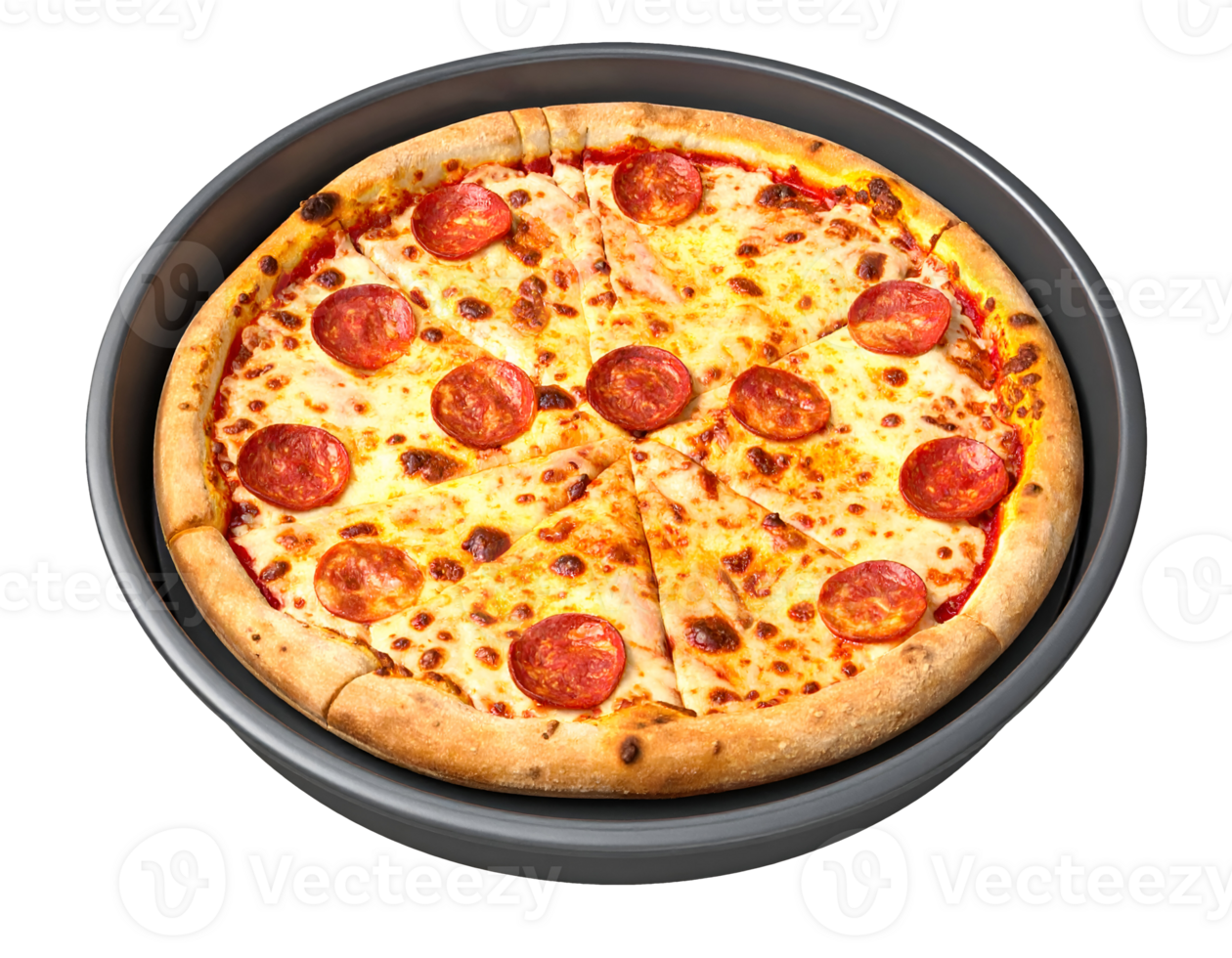 pepperoni cheese pizza with thick crust in non-stick pan png