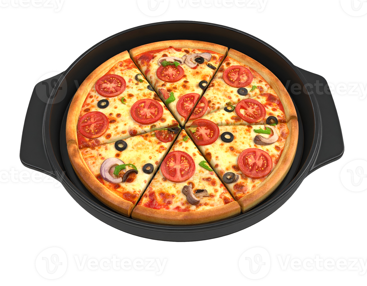 pan pizza with tomato slices black olives mushrooms and bell peppers in round black serving tray on isolated background png