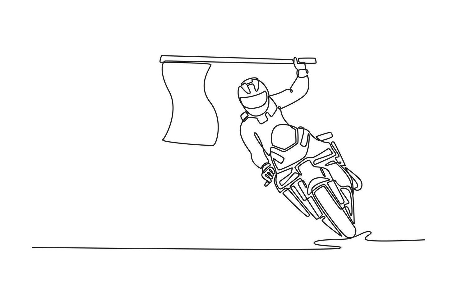 Single one line drawing young biker celebrates with the flag at the victory on moto sports racing. Rider winning grand prix racing on the track. Continuous line draw design graphic illustration vector