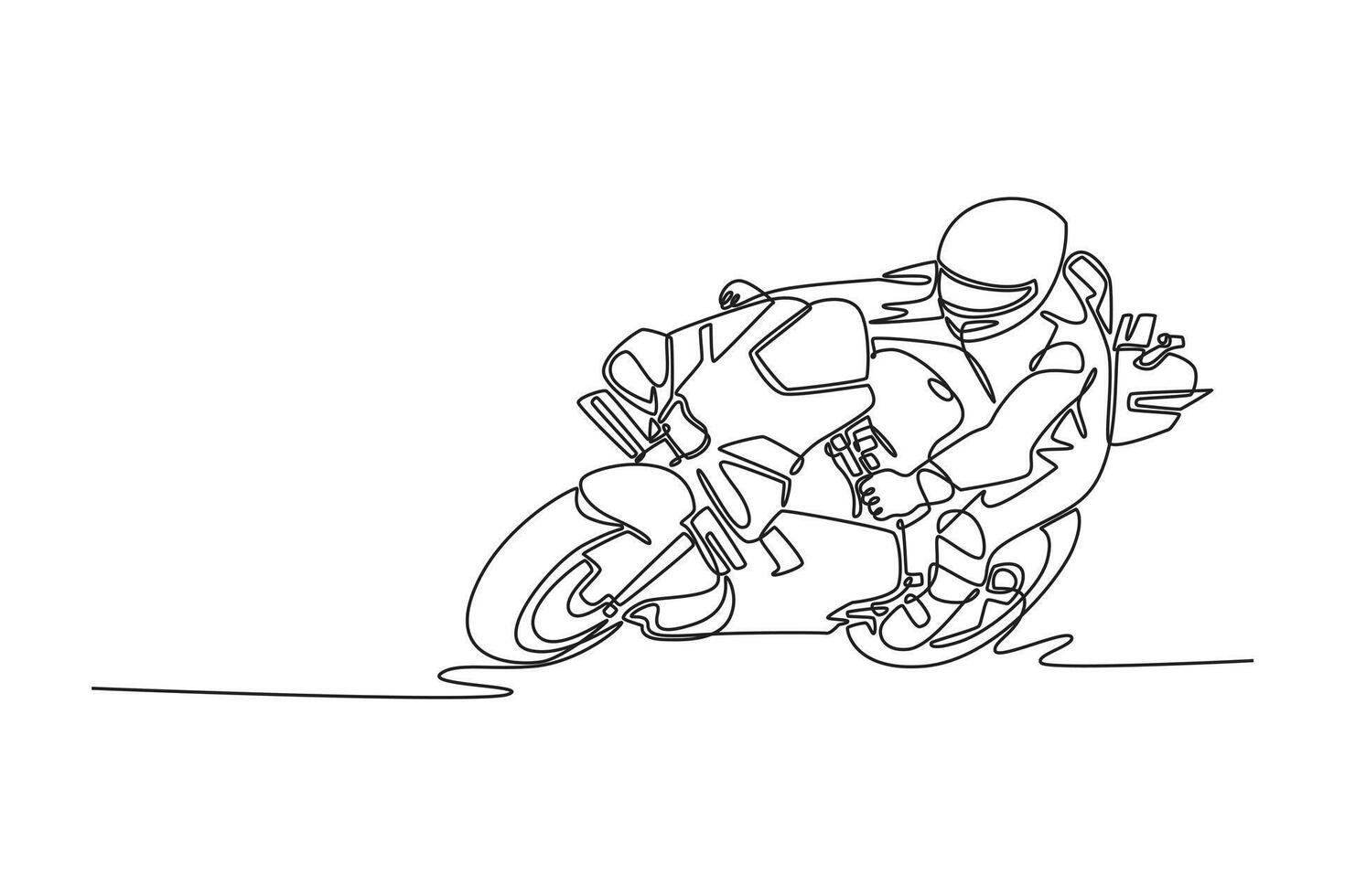 Single one line drawing attractive rider on sport motorcycle leaning and dragging knee. Moto racer practice to improve speed at circuit. Modern continuous line draw design graphic illustration vector