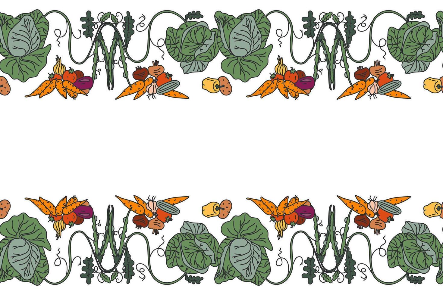 Botanical decorative different vegetables horizontal seamless pattern border isolated on white background. Hand drawn colorful veggies plants with Roots Stems Leaves illustration Graphic design vector