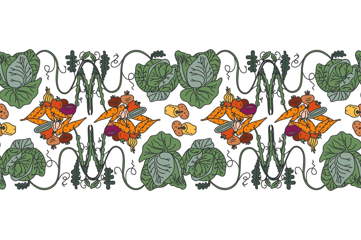 Botanical decorative different vegetables horizontal seamless pattern border isolated on white background. Hand drawn colorful veggies plants with Roots Stems Leaves illustration design vector