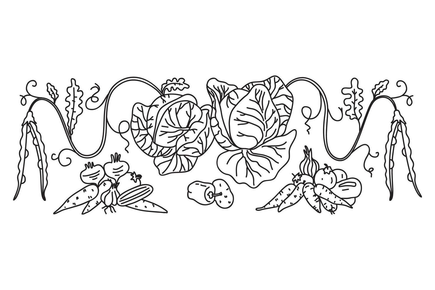 Line art botanical decorative different vegetables horizontal border pattern isolated on white background. Hand drawn outline veggies plants with Roots Stems Leaves illustration. Graphic design vector
