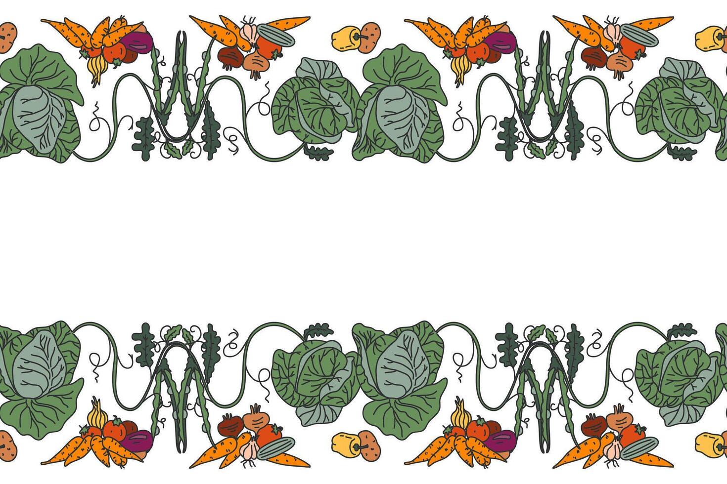 Botanical decorative different vegetables horizontal seamless pattern border isolated on white background. Hand drawn colorful veggies plants with Roots Stems Leaves illustration. Graphic design vector