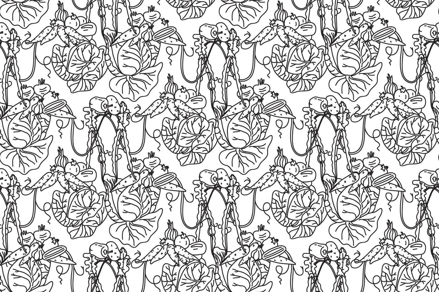 Line art botanical decorative vegetables seamless pattern illustration. Repeating different veggies plants with Roots Stems Leaves in white background. Graphic design for Fashion Cover Textile vector