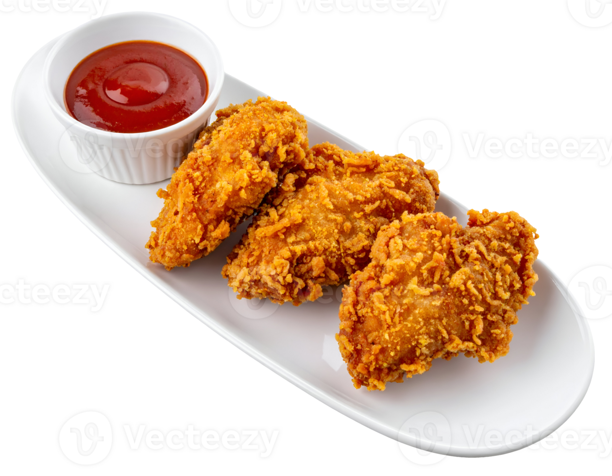crispy golden chicken tenders with dipping ketchup sauce on white long plate on isolated background png