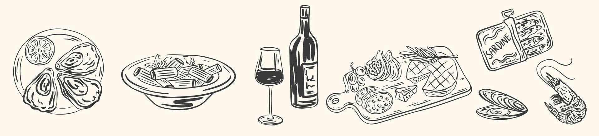 Hand drawn mediterranean crayon food illustration. Sketch style lunch or dinner. of wine, charcuterie, spaghetti illustrations for invitations, menus, parties. La dolce vita italian style vector