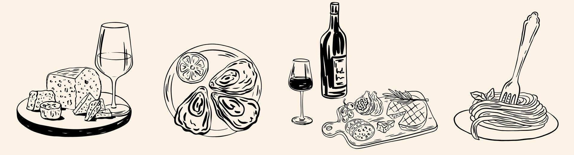 Hand drawn chalk food in Italian coastal style. Table dishes, wine, spaghetti, oysters, charcuterie. Wedding drawing dinner icons. illustration La dolce vita italian sketch style. vector