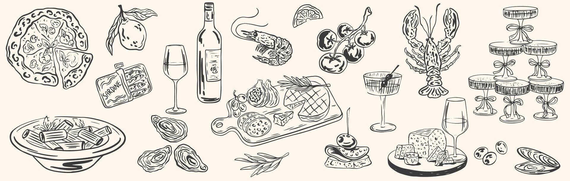 Hand drawn chalk food illustrations. Mediterranean dinner. Wine, spaghetti, oysters, charcuterie drawings for wedding invitations, menus. illustration La dolce vita italian sketch style. vector