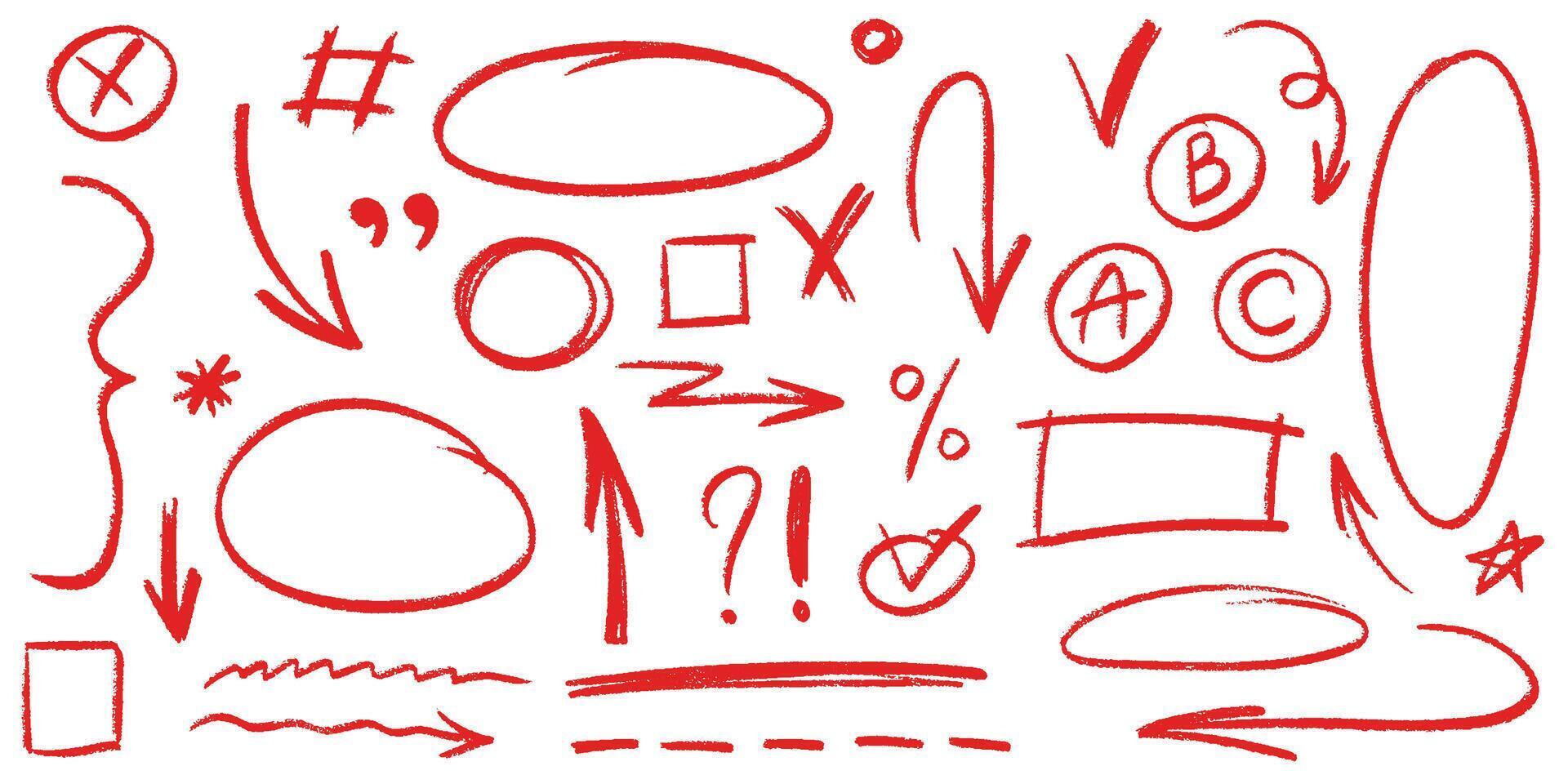 Red pencil hand drawn various oval, chalked arrows, check marks. crayon drawing. Charcoal symbols for diagrams. crayon underline, check mark, scribble shapes with rough texture elements vector