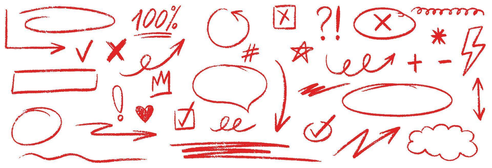 Red pencil hand drawn text underline, oval, chalked arrows, check marks. Doodle charcoal stroke emphases, arrow, highlight, speech bubble elements. Marker, pen brush stroke. illustration vector