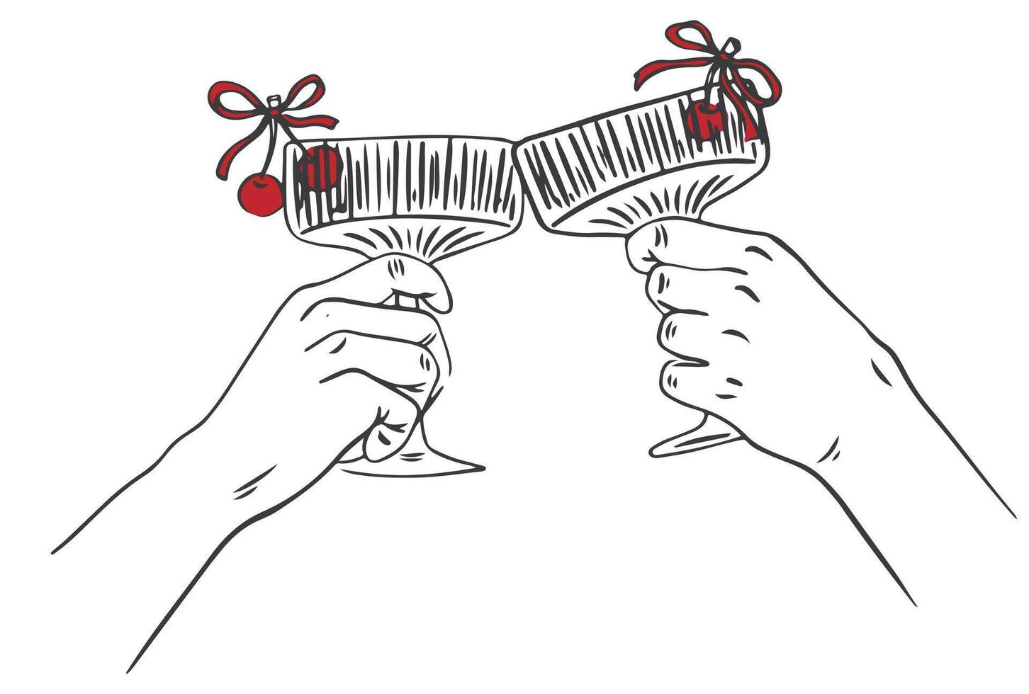 Hand drawn chalk cheers. Cheers or drinking couple toast drawing. Hands with cocktail glass and cherry drawings for wedding invitations, menus and parties. Clipart vintage ink doodle sketch style vector