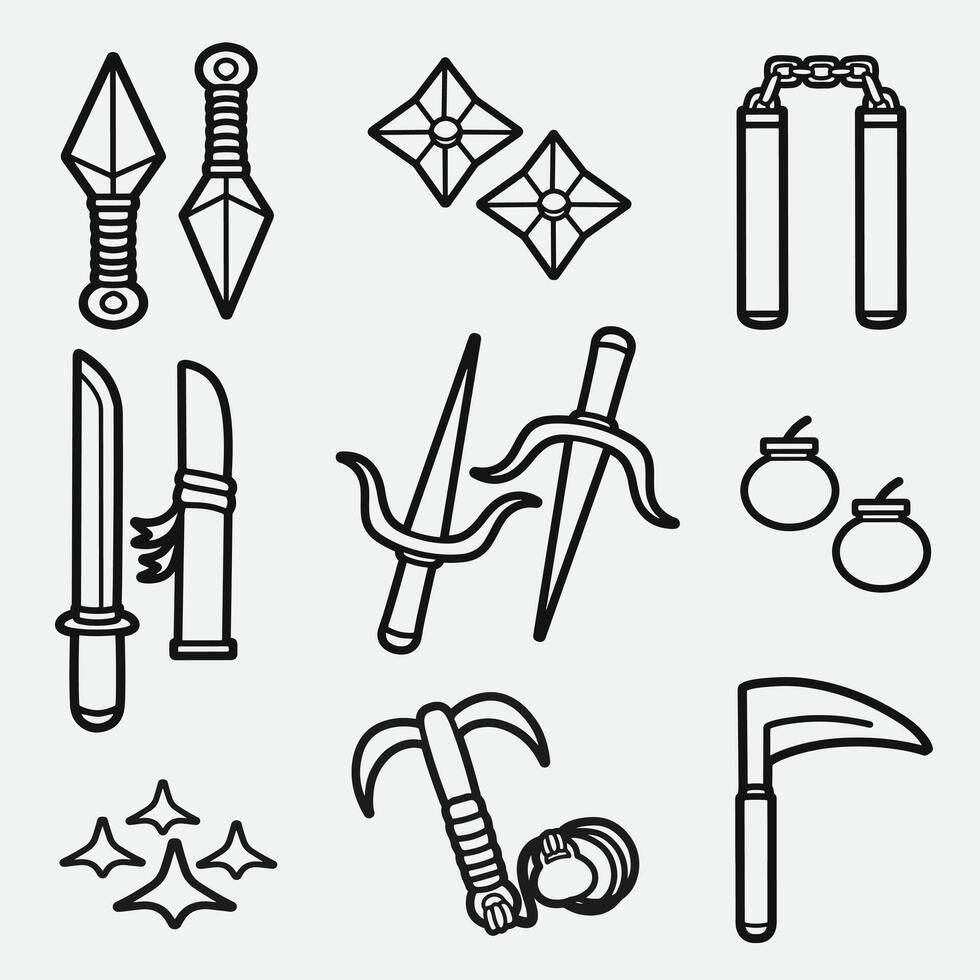 set of ninja equipment with outline style good for, icon, symbol, element design, coloring book, coloring page, etc vector