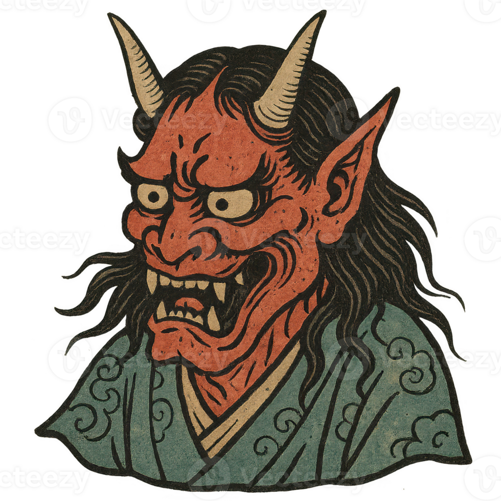 Traditional Japanese Demon Illustration with Distinct Features and Style png