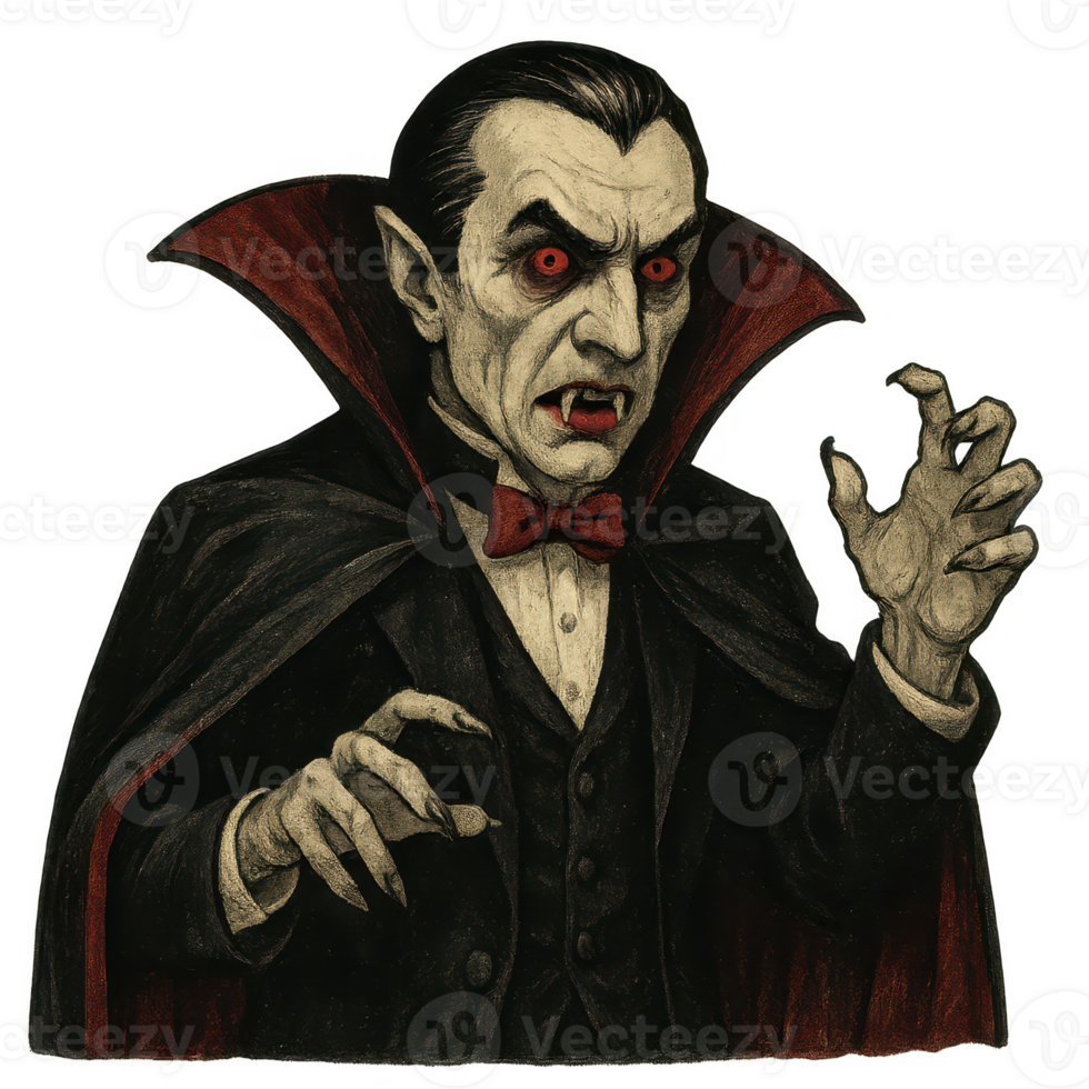 Classic Vampire Character with Red Eyes and Dark Cloak Costume png