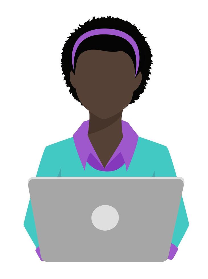 Faceless Black woman with short afro hairstyle and headband, sitting in front of a laptop. She is depicted in a relaxed yet professional posture, suitable as a businesswoman, manager, or entrepreneur. vector