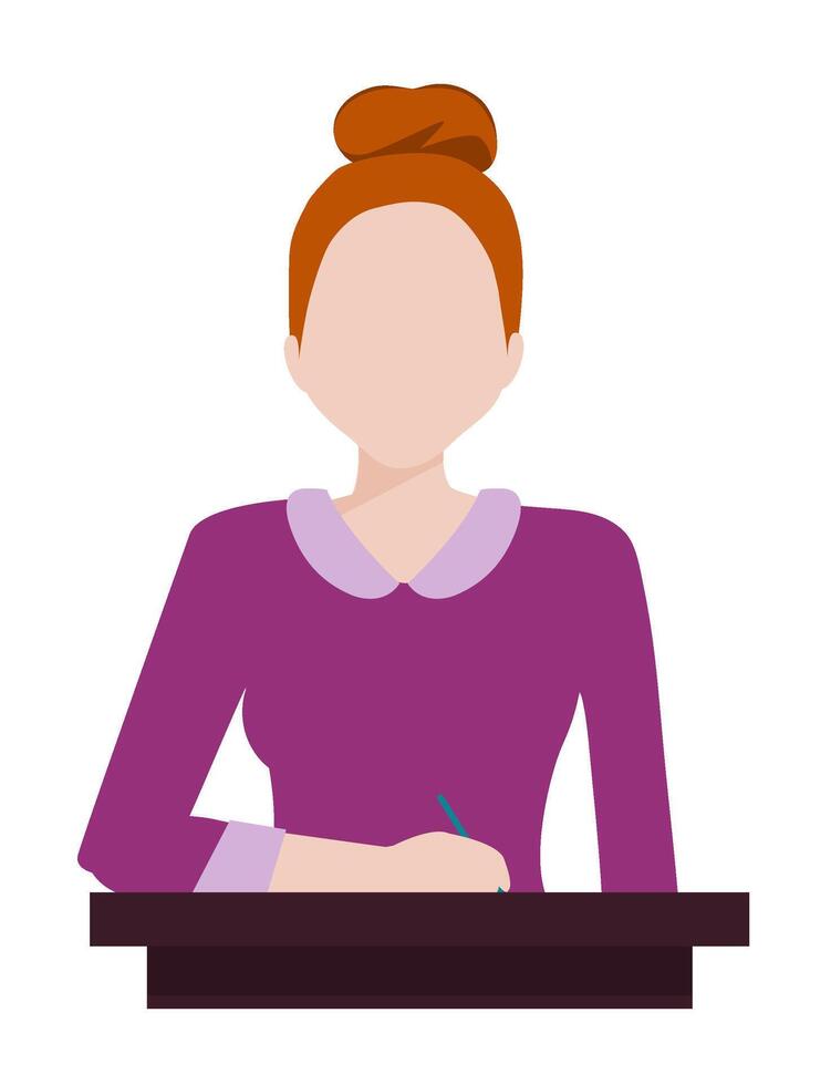 Redhead woman sitting at a desk, holding a pen and writing on paper. She is dressed in smart, modern attire, and her hair in a bun, with her posture suggesting focus and productivity. vector