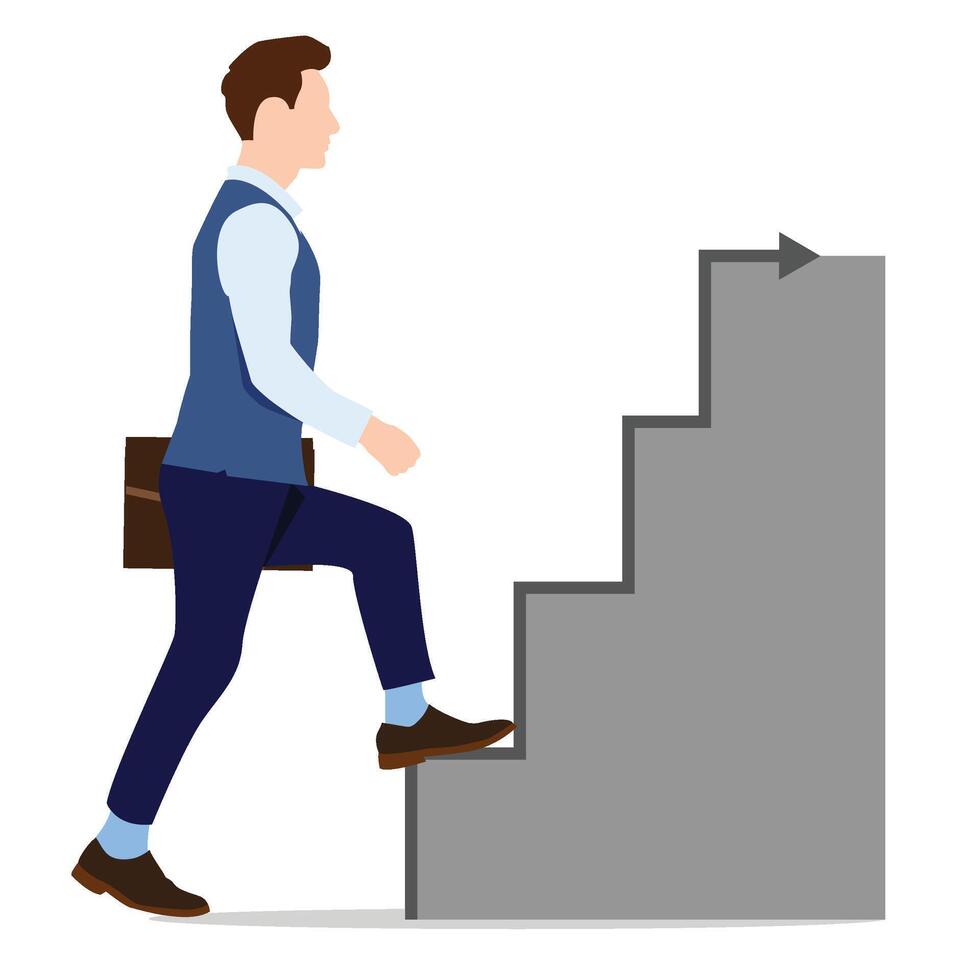 Professional, faceless man wearing suit trousers, vest, and shirt holds a briefcase while walking up a staircase. An upward arrow follows the steps, progress, improvement, career growth, and ambition. vector