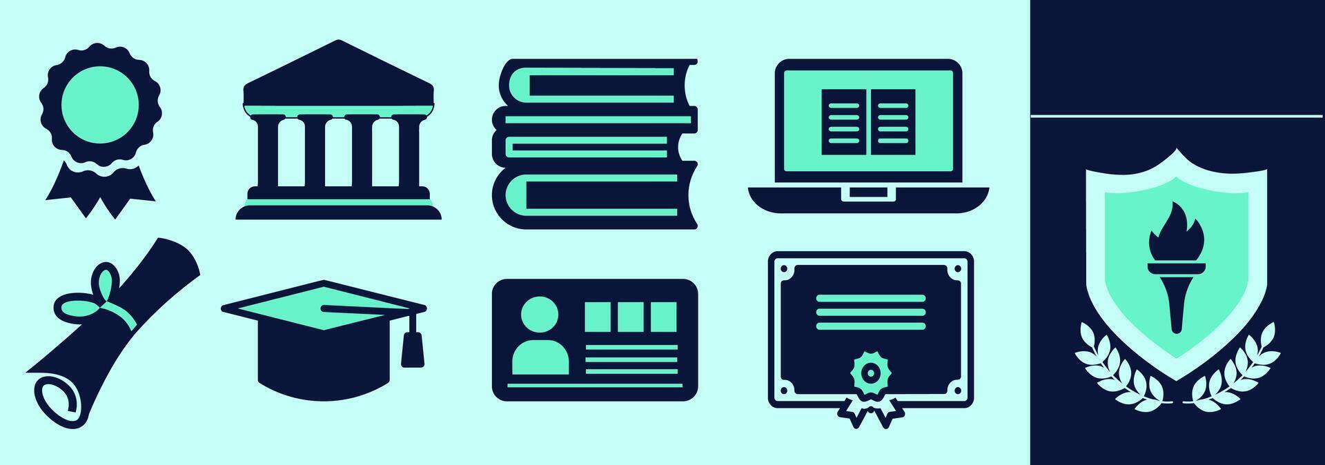 University icon set with university columns, diplima scroll, cap, textbooks, collage ID, ribbon, certificate, laptop with homework, emblem and laurels. Editable icon elements, size and color. vector