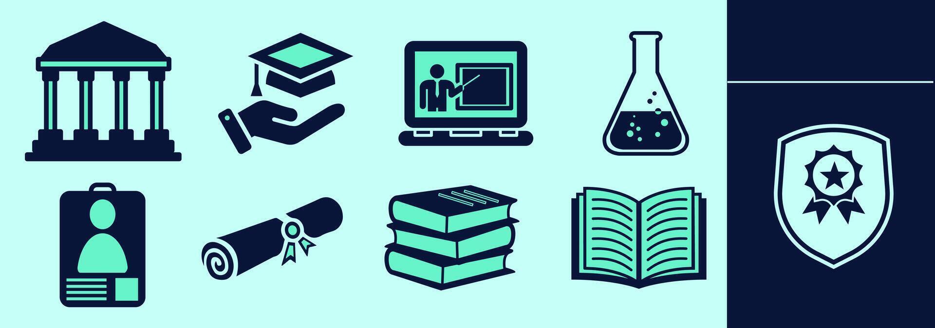 University icon set with columns, badge, diplima scroll, hand holding cap, textbooks, notebook, laptop, online course, research lab flask, emblem and ribbon. Editable icon elements, size and color. vector