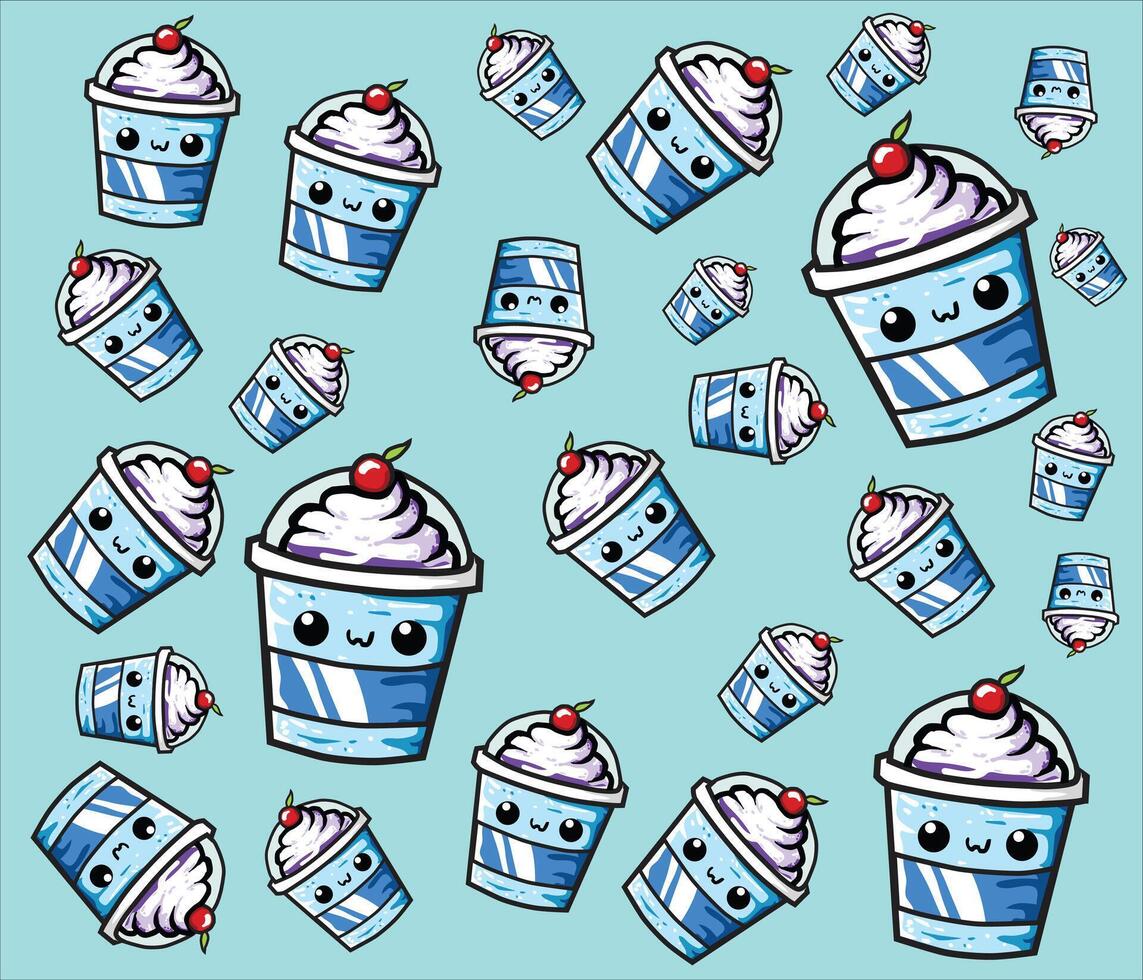 Background Pattern of refreshing ice drink with cream and cherry in a blue cup and cherries, perfect for kids, cafe menus, and packaging design vector