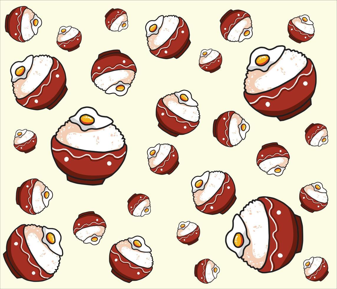 Background pattern featuring cartoon style rice bowls topped with fried eggs. Perfect for childrens products, kitchen textiles, packaging, digital scrapbooking, and culinary themed designs. vector