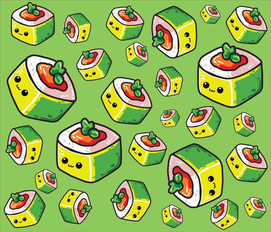 Pattern of Cute Sushi with cartoon style in a green background, perfect for kids, cafe menus, and packaging design vector