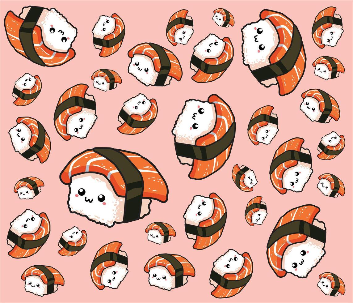 Kawaii food illustration of sushi with cute facial expressions, perfect for kids' products, stationery, or digital wallpapers vector
