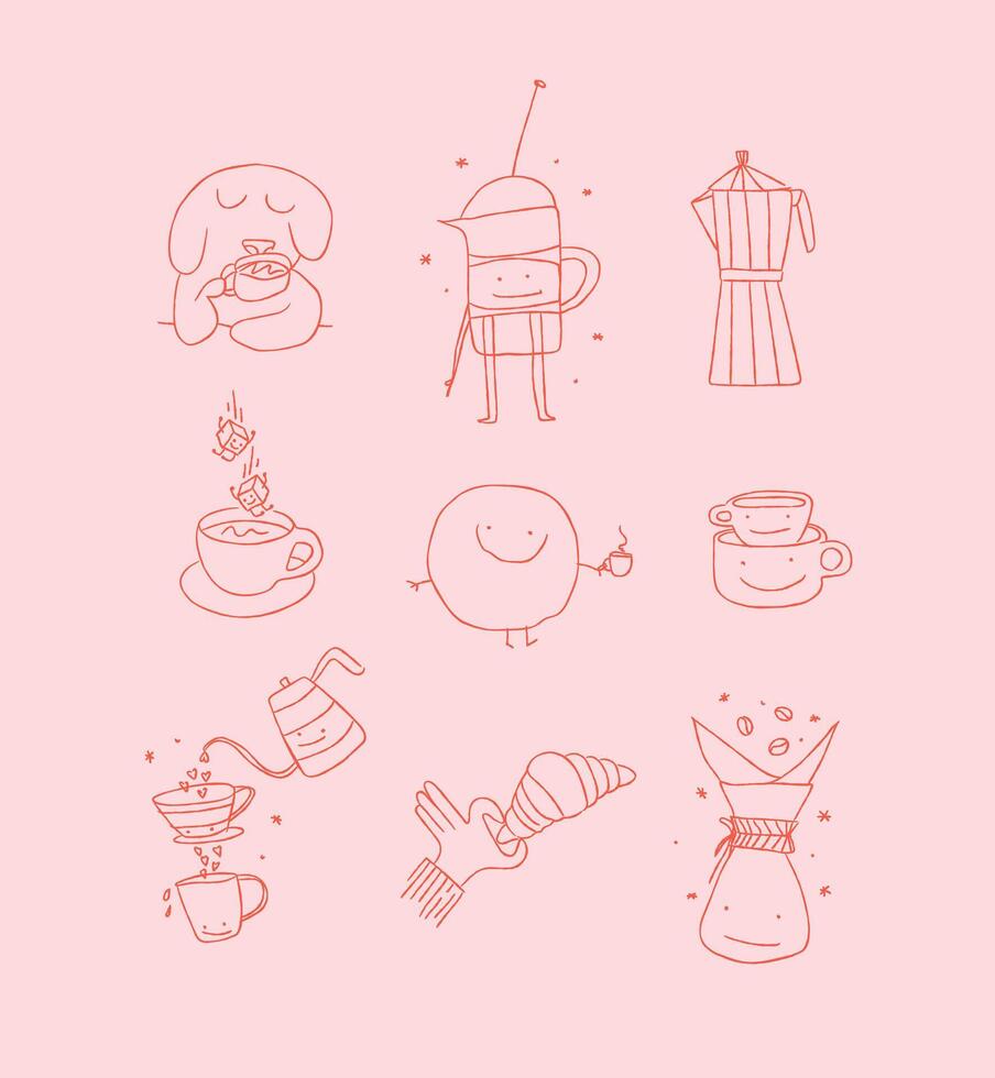 Cute coffee set collection dog with cup, french press, pot, cookie, sugar, hand with croissant, drip drawing on pink background illustration vector