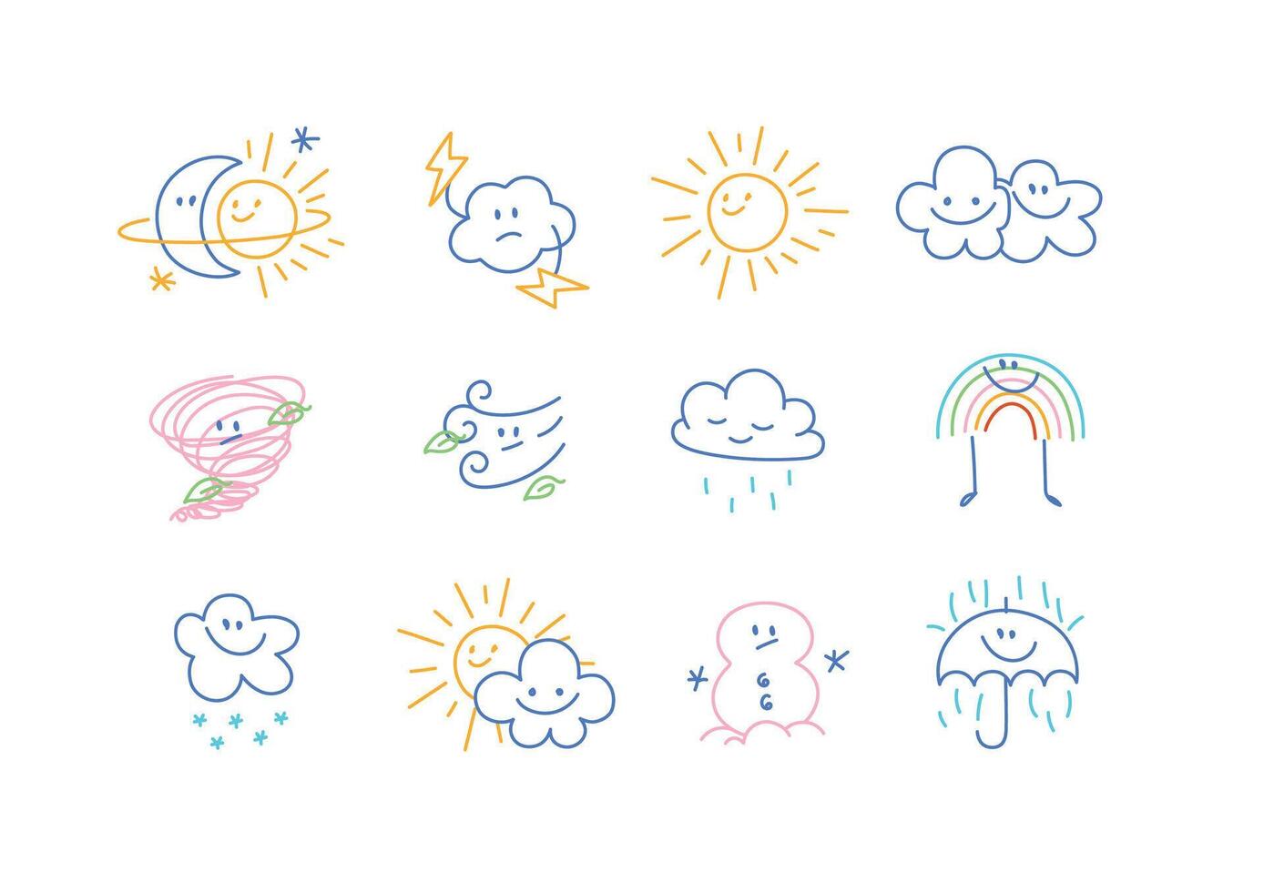 Weather cute icons drawing in cartoon kid style on white background vector