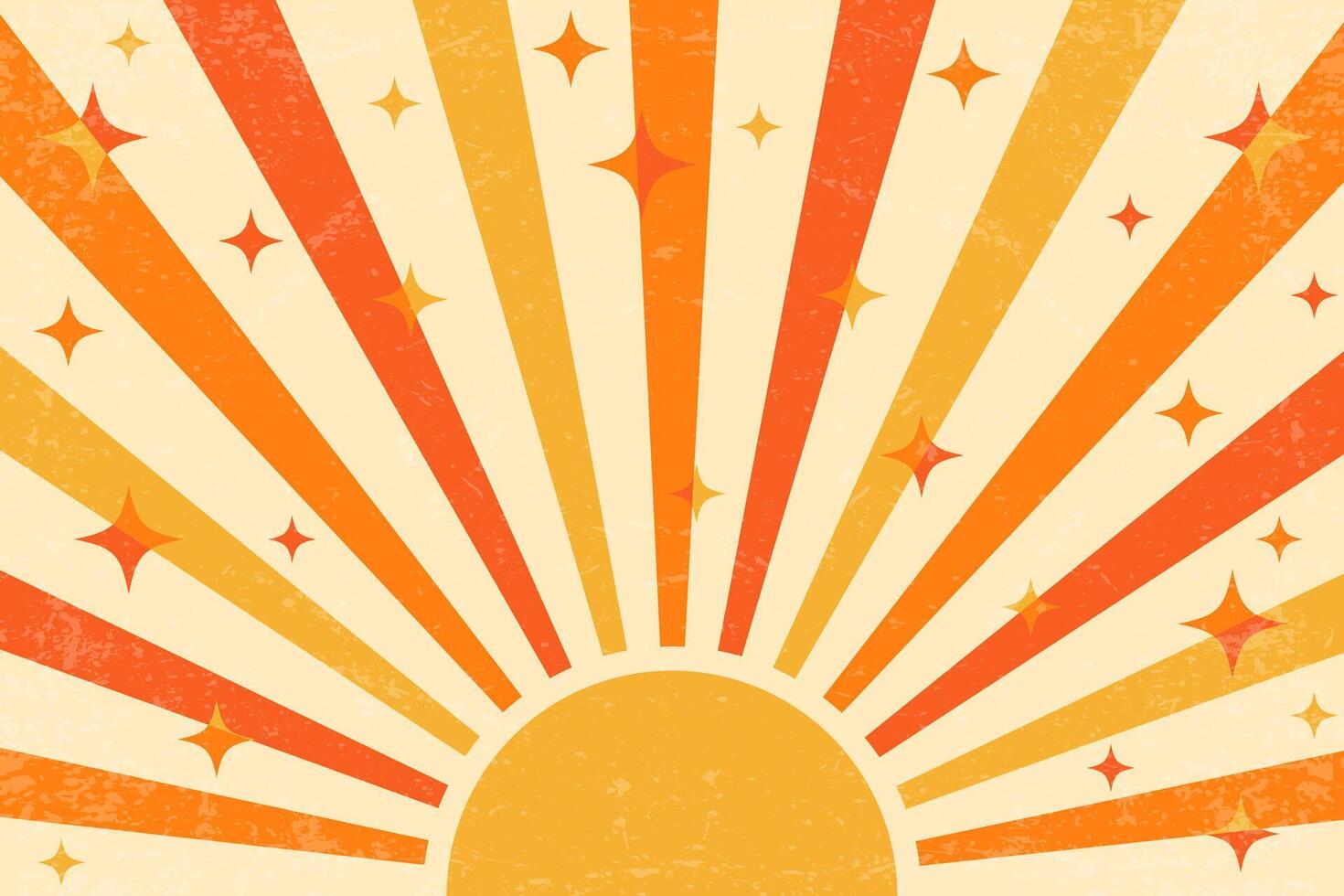 Groovy sun background with stars and radial pattern of rays. Retro trippy poster with orange beams. Abstract 70s summer poster with grunge texture. vector