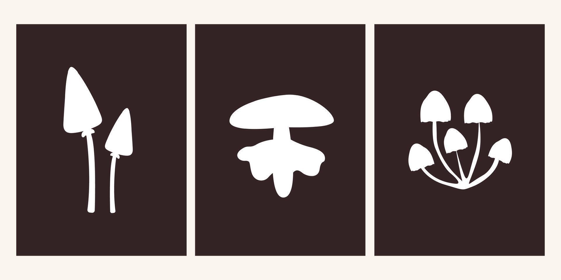 Abstract white silhouette of forest autumn mushrooms. Wild plant posters collection in retro doodle style. Boho aesthetic art decor for wallpaper, walls and postcards vector