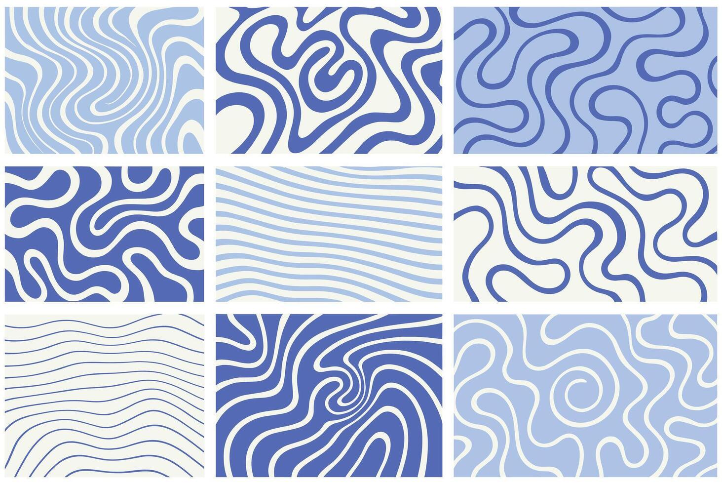 Blue Abstract Wavy Pattern Set Fluid Line Backgrounds in Hand-Drawn Style vector