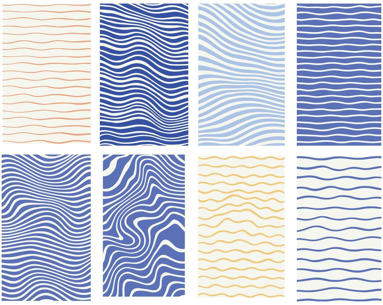 Blue and Beige Wavy Line Patterns Abstract Seamless Background Set vector