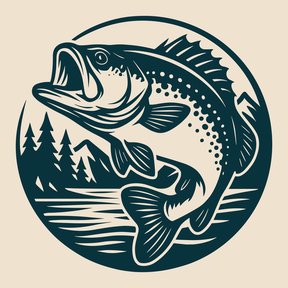 Jumping Bass Fish in Wilderness Retro Outdoor Fishing Emblem Design vector