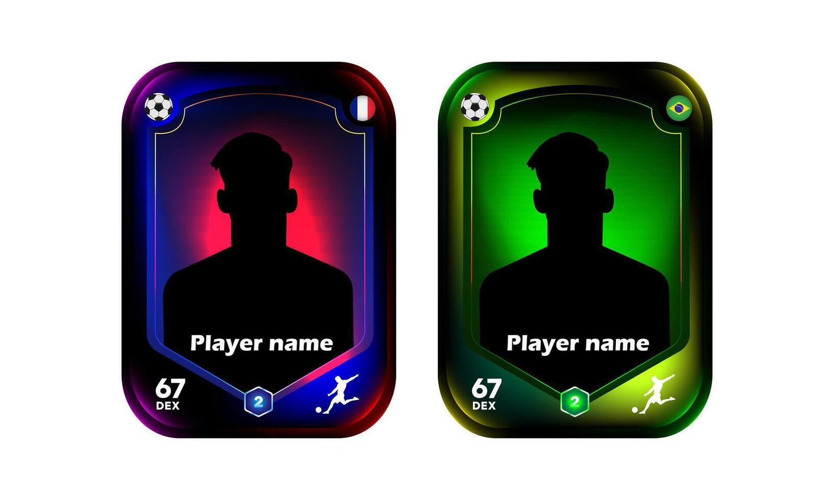 Silhouettes of male football players on collectible cards with national flags and player stats. Digital illustration for sports game template. Soccer and gaming concept. Design for banner, poster vector