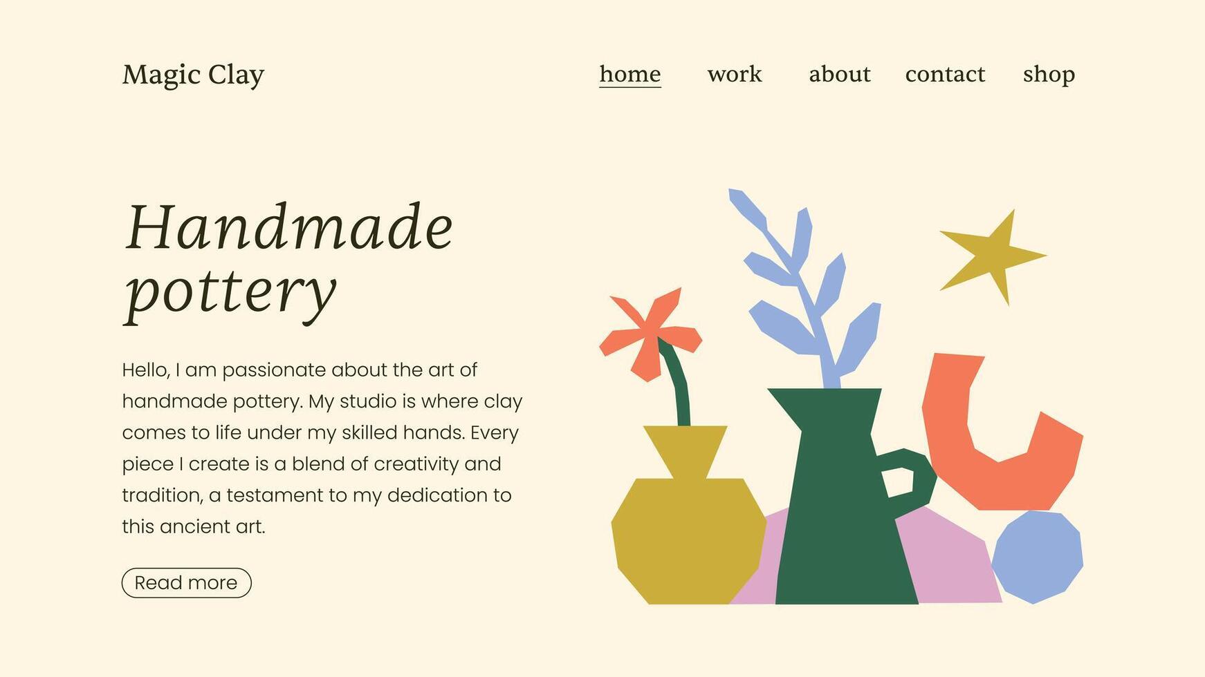 Home page template with text and flat illustration, for potter, florist or designer vector