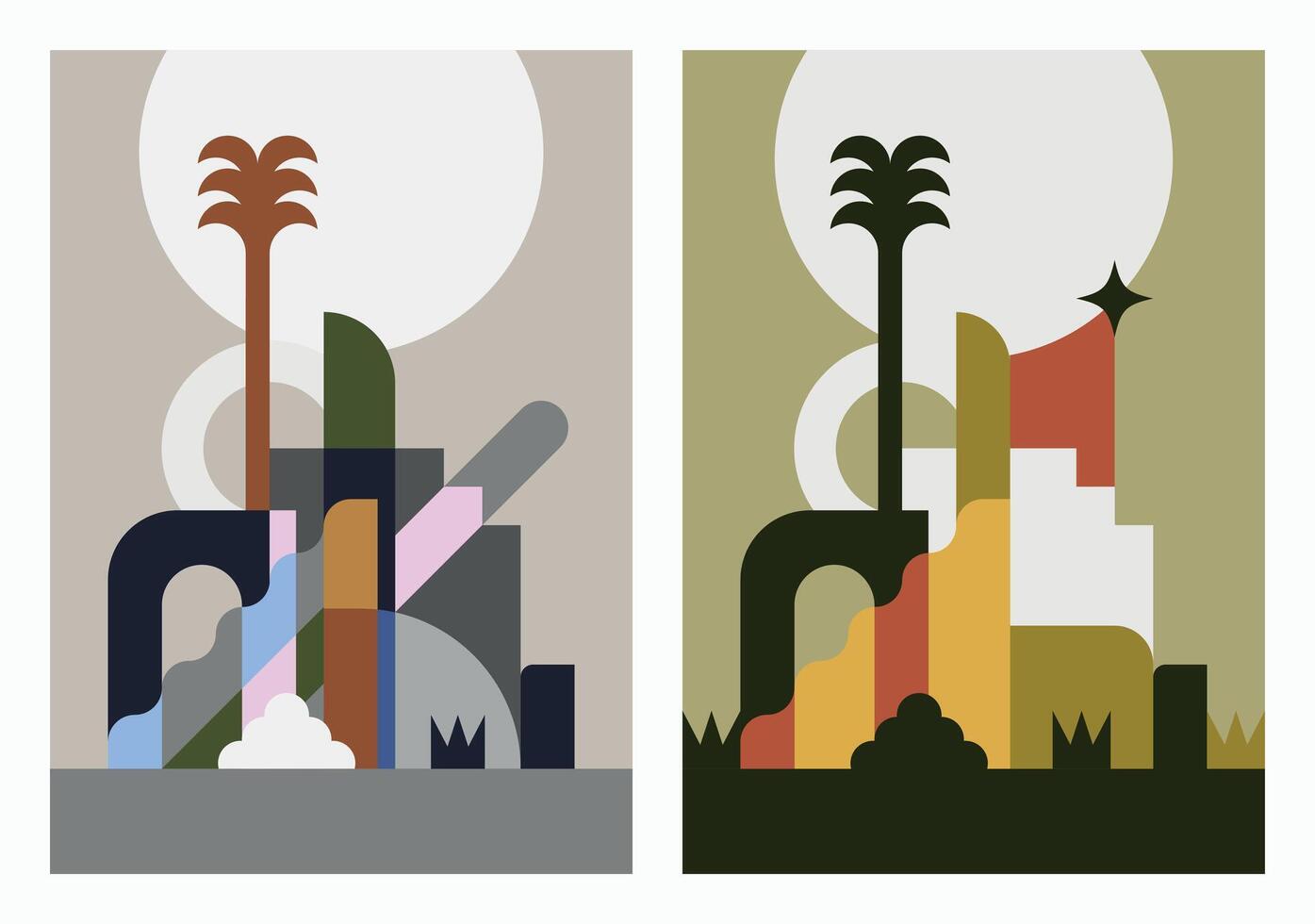 Flat illustration of an exotic minimalist landscape with sober and geometric architectural elements vector
