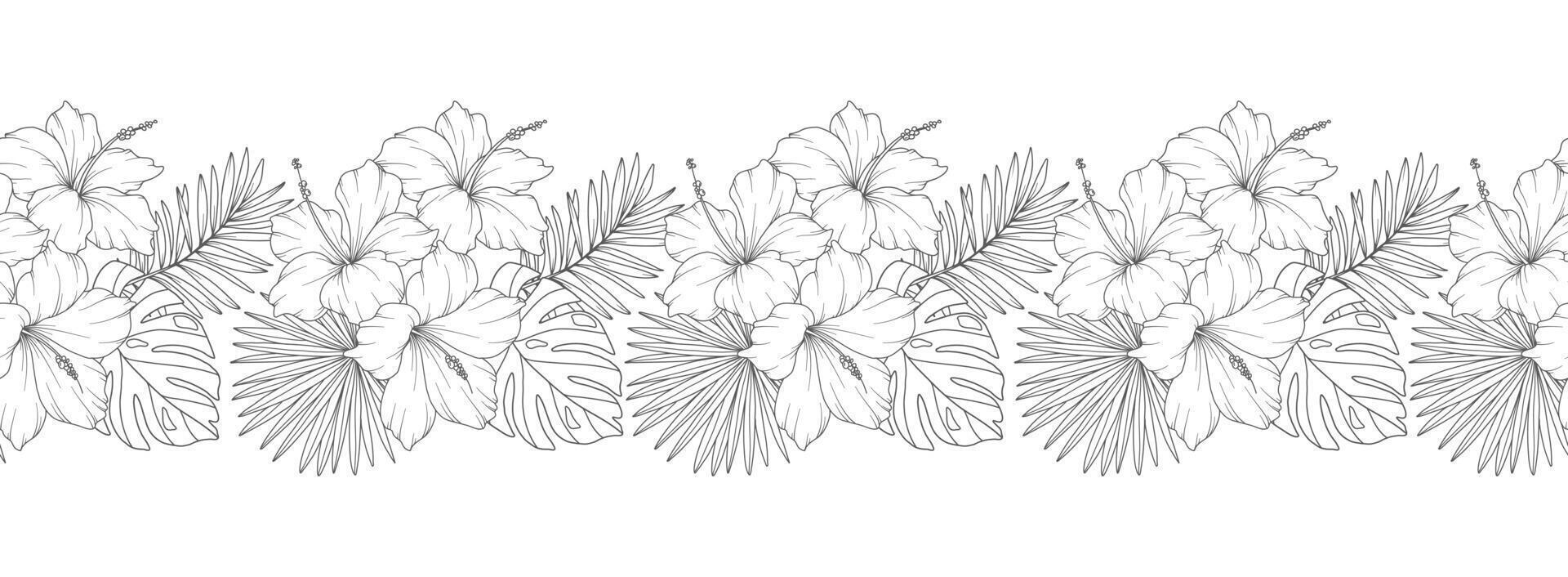 Seamless Floral Border with Tropical Plants and Flowers. Seamless Horizontal Floral Background. Line Art Drawing. Minimalist Flower Design. Flower garland seamless. Border Frame vector