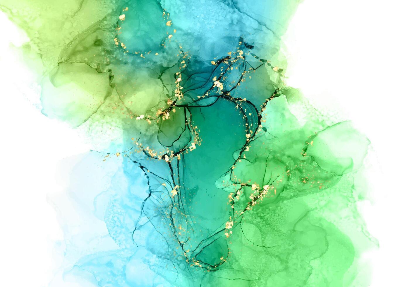 Hand painted blue and green alcohol ink background with glittery gold elements vector