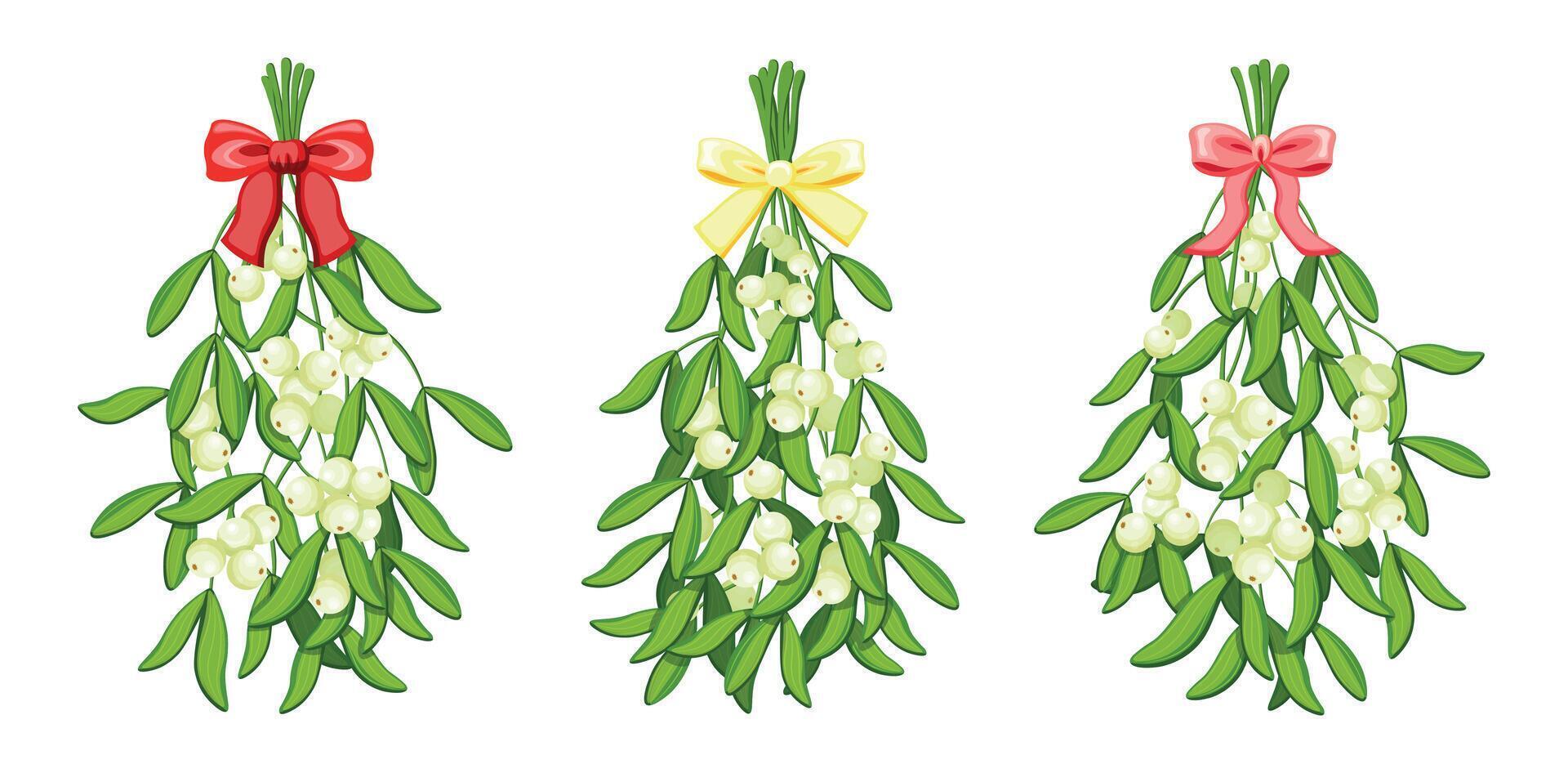 Set of front view mistletoe branches in cartoon style. Illustration of mistletoe branch with leaves, berries,red,yellow,pink bows isolated on white background. Traditional Christmas decoration. vector