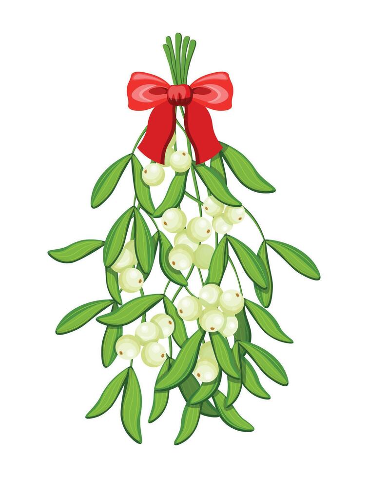 Mistletoe branch in cartoon style. Illustration of mistletoe branch with green leaves, bright berries tied with red bow with ribbons, isolated on white background.Christmas decoration. vector