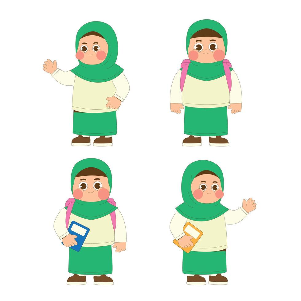Set Cute Girl Student Cartoon Character Icon Illustration vector