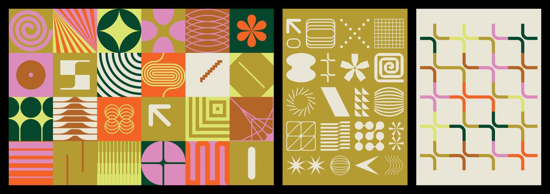 Set of modern abstract golden, red and green compositions with luxurious and geometric elements vector