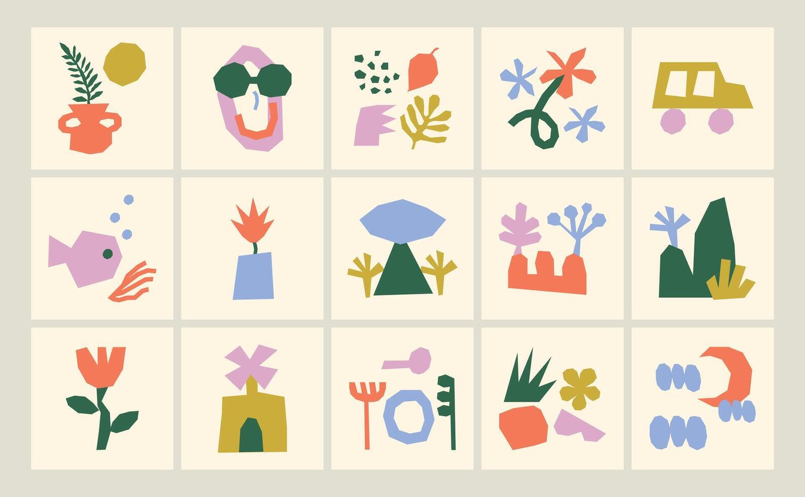 Various summer scenes with naive shapes vector