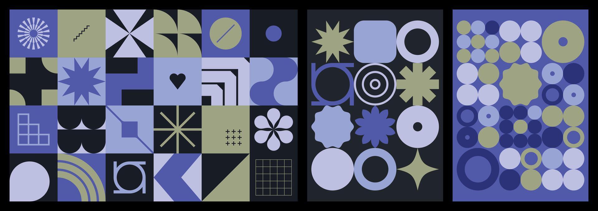 Set of modernist compositions with blue and black shapes and symbols vector