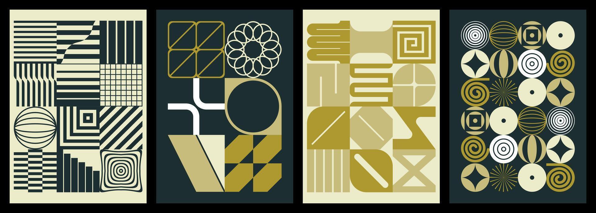 Set of golden modern abstract compositions with geometric elements vector