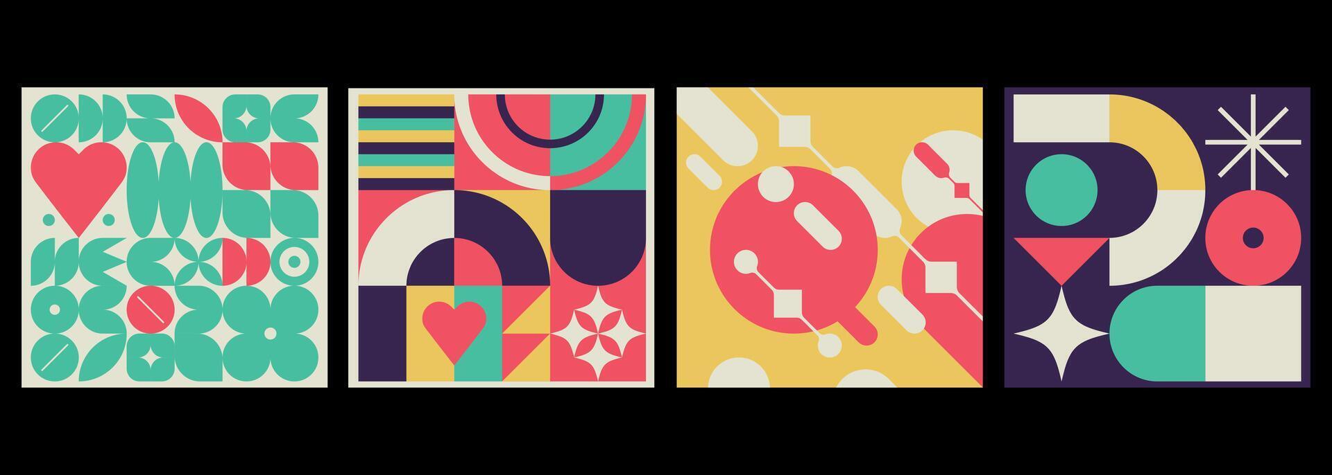 Set of modernist compositions with graphic and retro futuristic shapes and symbols vector
