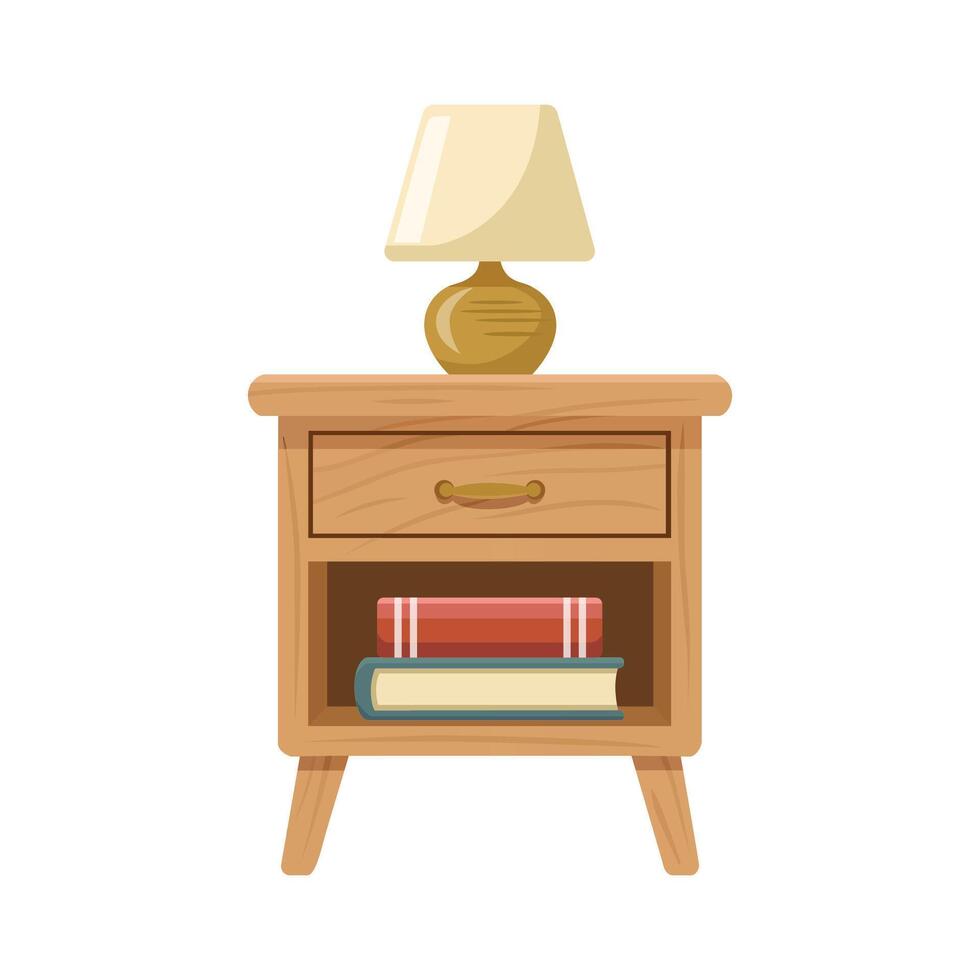 Elegant wooden bedside table with books and table lamp vector