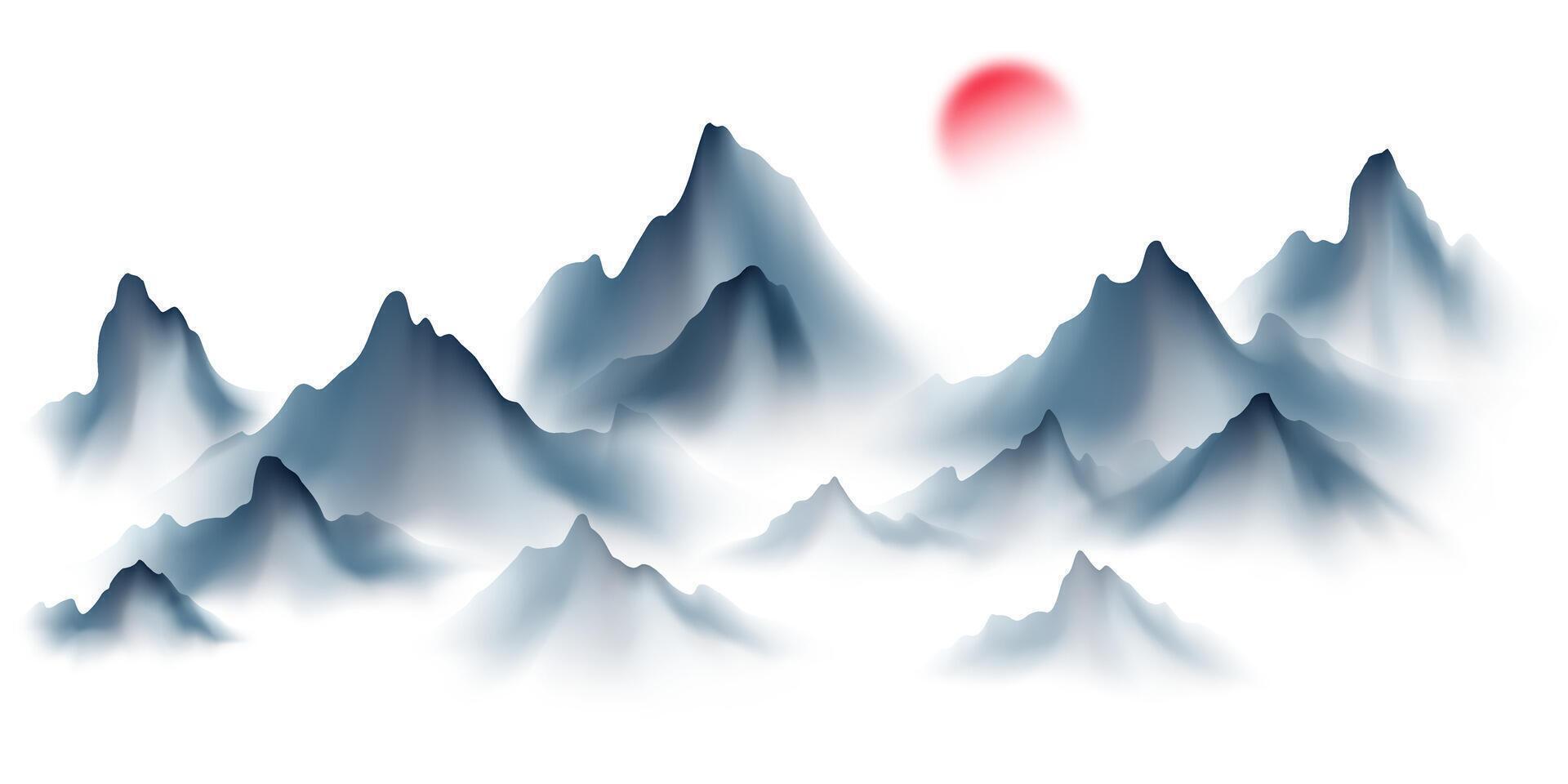 A mountain range with a red sun in the sky vector